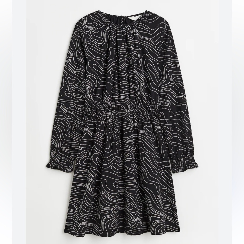 H&M Smocking Detail Long Sleeve Black Dress with metallic silver detail